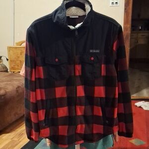 Columbia Men’s Red and Black Plaid Sherpa Collar Shirt Jacket